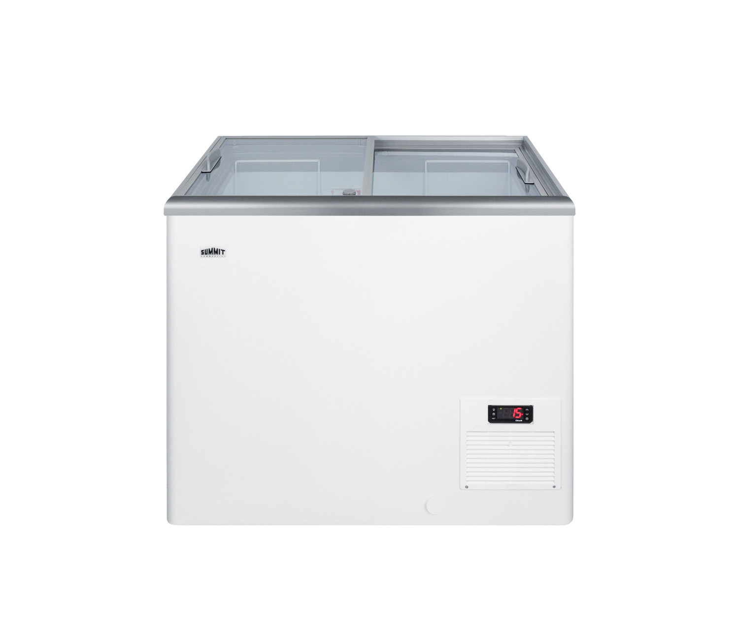 Flat top commercial ice cream freezer with sliding glass lid, digital thermostat, novelty baskets, and 7.2 cu.ft. capacity